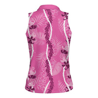 Hawaii Maile Lei Women Sleeveless Polo Shirt With Pink Monstera Pattern