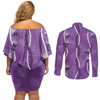 Hawaii Maile Lei Couples Matching Off Shoulder Short Dress and Long Sleeve Button Shirt With Violet Monstera Pattern LT05 - Polynesian Pride