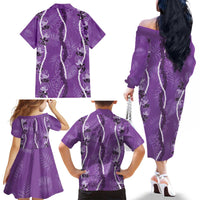 Hawaii Maile Lei Family Matching Off The Shoulder Long Sleeve Dress and Hawaiian Shirt With Violet Monstera Pattern