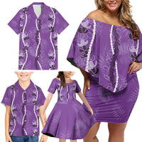 Hawaii Maile Lei Family Matching Off Shoulder Short Dress and Hawaiian Shirt With Violet Monstera Pattern LT05 - Polynesian Pride