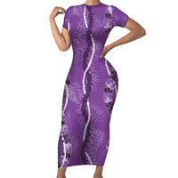 Hawaii Maile Lei Short Sleeve Bodycon Dress With Violet Monstera Pattern LT05 Long Dress Violet - Polynesian Pride