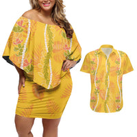 Hawaii Maile Lei Couples Matching Off Shoulder Short Dress and Hawaiian Shirt With Yellow Monstera Pattern