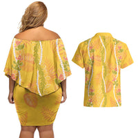 Hawaii Maile Lei Couples Matching Off Shoulder Short Dress and Hawaiian Shirt With Yellow Monstera Pattern