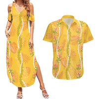 Hawaii Maile Lei Couples Matching Summer Maxi Dress and Hawaiian Shirt With Yellow Monstera Pattern