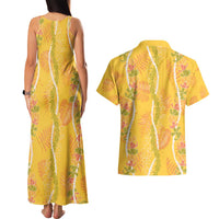 Hawaii Maile Lei Couples Matching Tank Maxi Dress and Hawaiian Shirt With Yellow Monstera Pattern