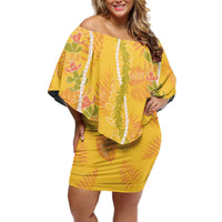 Hawaii Maile Lei Family Matching Off Shoulder Short Dress and Hawaiian Shirt With Yellow Monstera Pattern LT05 Mom's Dress Yellow - Polynesian Pride