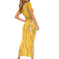 Hawaii Maile Lei Short Sleeve Bodycon Dress With Yellow Monstera Pattern LT05 - Polynesian Pride