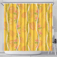 Hawaii Maile Lei Shower Curtain With Yellow Monstera Pattern
