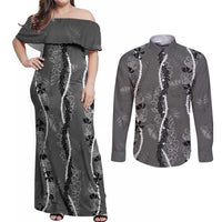 Hawaii Maile Lei Couples Matching Off Shoulder Maxi Dress and Long Sleeve Button Shirt With Gray Monstera Pattern LT05 Gray - Polynesian Pride