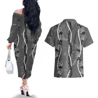 Hawaii Maile Lei Couples Matching Off The Shoulder Long Sleeve Dress and Hawaiian Shirt With Gray Monstera Pattern