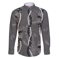 Hawaii Maile Lei Family Matching Off The Shoulder Long Sleeve Dress and Hawaiian Shirt With Gray Monstera Pattern