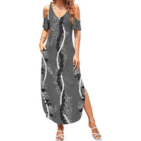 Hawaii Maile Lei Family Matching Summer Maxi Dress and Hawaiian Shirt With Gray Monstera Pattern LT05 Mom's Dress Gray - Polynesian Pride