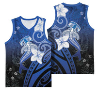 Polynesia Hammerhead Shark Basketball Jersey Blue Tribal Pattern With Plumeria - Polynesian Pride