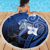 Polynesia Hammerhead Shark Beach Blanket Blue Tribal Pattern With Plumeria - Polynesian Pride
