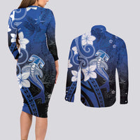 Polynesia Hammerhead Shark Couples Matching Long Sleeve Bodycon Dress and Long Sleeve Button Shirt Blue Tribal Pattern With Plumeria LT05 - Polynesian Pride
