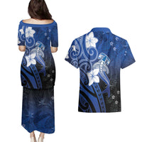 Polynesia Hammerhead Shark Couples Matching Puletasi and Hawaiian Shirt Blue Tribal Pattern With Plumeria - Polynesian Pride