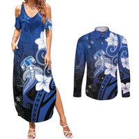 Polynesia Hammerhead Shark Couples Matching Summer Maxi Dress and Long Sleeve Button Shirt Blue Tribal Pattern With Plumeria - Polynesian Pride
