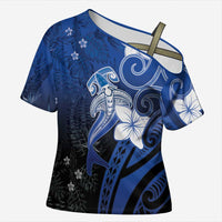 Polynesia Hammerhead Shark Cross Shoulder Shirt Blue Tribal Pattern With Plumeria - Polynesian Pride