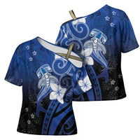 Polynesia Hammerhead Shark Cross Shoulder Shirt Blue Tribal Pattern With Plumeria - Polynesian Pride