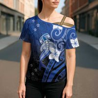 Polynesia Hammerhead Shark Cross Shoulder Shirt Blue Tribal Pattern With Plumeria - Polynesian Pride