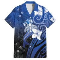 Polynesia Hammerhead Shark Family Matching Off The Shoulder Long Sleeve Dress and Hawaiian Shirt Blue Tribal Pattern With Plumeria LT05 Dad's Shirt - Short Sleeve Blue - Polynesian Pride
