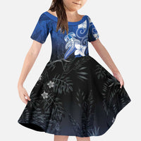 Polynesia Hammerhead Shark Family Matching Puletasi and Hawaiian Shirt Blue Tribal Pattern With Plumeria LT05 Daughter's Dress Blue - Polynesian Pride