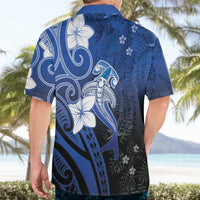 Polynesia Hammerhead Shark Hawaiian Shirt Blue Tribal Pattern With Plumeria - Polynesian Pride