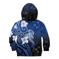 Polynesia Hammerhead Shark Kid Hoodie Blue Tribal Pattern With Plumeria - Polynesian Pride