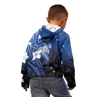 Polynesia Hammerhead Shark Kid Hoodie Blue Tribal Pattern With Plumeria - Polynesian Pride