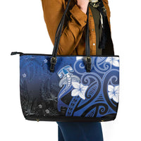Polynesia Hammerhead Shark Leather Tote Bag Blue Tribal Pattern With Plumeria - Polynesian Pride