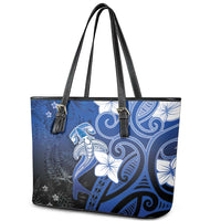 Polynesia Hammerhead Shark Leather Tote Bag Blue Tribal Pattern With Plumeria - Polynesian Pride