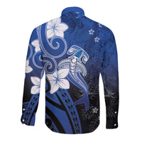 Polynesia Hammerhead Shark Long Sleeve Button Shirt Blue Tribal Pattern With Plumeria - Polynesian Pride