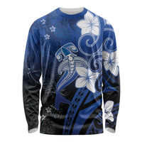 Polynesia Hammerhead Shark Long Sleeve Shirt Blue Tribal Pattern With Plumeria - Polynesian Pride