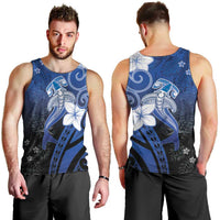 Polynesia Hammerhead Shark Men Tank Top Blue Tribal Pattern With Plumeria - Polynesian Pride