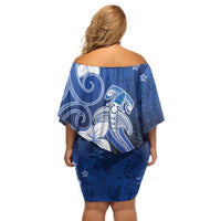 Polynesia Hammerhead Shark Off Shoulder Short Dress Blue Tribal Pattern With Plumeria - Polynesian Pride