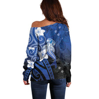 Polynesia Hammerhead Shark Off Shoulder Sweater Blue Tribal Pattern With Plumeria - Polynesian Pride