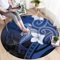 Polynesia Hammerhead Shark Round Carpet Blue Tribal Pattern With Plumeria - Polynesian Pride