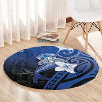Polynesia Hammerhead Shark Round Carpet Blue Tribal Pattern With Plumeria - Polynesian Pride