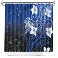 Polynesia Hammerhead Shark Shower Curtain Blue Tribal Pattern With Plumeria - Polynesian Pride