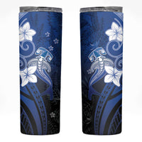 Polynesia Hammerhead Shark Skinny Tumbler Blue Tribal Pattern With Plumeria - Polynesian Pride