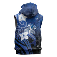 Polynesia Hammerhead Shark Sleeveless Hoodie Blue Tribal Pattern With Plumeria - Polynesian Pride