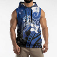 Polynesia Hammerhead Shark Sleeveless Hoodie Blue Tribal Pattern With Plumeria - Polynesian Pride
