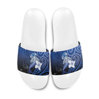 Polynesia Hammerhead Shark Slide Sandals Blue Tribal Pattern With Plumeria - Polynesian Pride