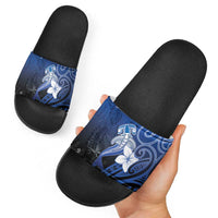 Polynesia Hammerhead Shark Slide Sandals Blue Tribal Pattern With Plumeria - Polynesian Pride