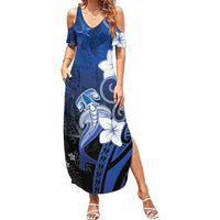 Polynesia Hammerhead Shark Summer Maxi Dress Blue Tribal Pattern With Plumeria - Polynesian Pride