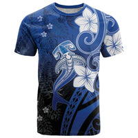Polynesia Hammerhead Shark T Shirt Blue Tribal Pattern With Plumeria - Polynesian Pride