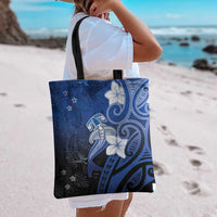 Polynesia Hammerhead Shark Tote Bag Blue Tribal Pattern With Plumeria - Polynesian Pride