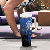 Polynesia Hammerhead Shark Tumbler With Handle Blue Tribal Pattern With Plumeria - Polynesian Pride