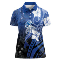 Polynesia Hammerhead Shark Women Polo Shirt Blue Tribal Pattern With Plumeria - Polynesian Pride