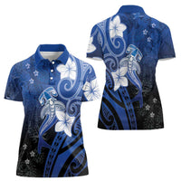 Polynesia Hammerhead Shark Women Polo Shirt Blue Tribal Pattern With Plumeria - Polynesian Pride